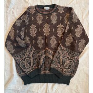 Vintage Tricots St. Raphael 100% Wool Sweater Tapestry Pattern Boho Grandpa Knit